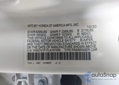 2020 Honda Accord Lx from USA, damaged, VIN 1HGCV1F17LA157559